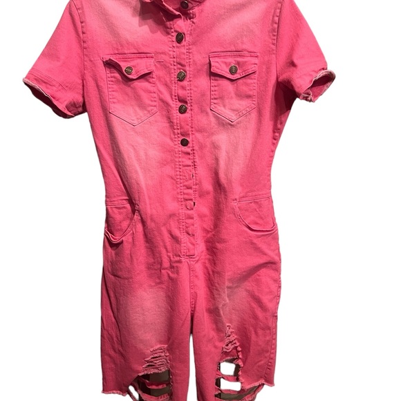 Fashion Women's Distressed and Cutout Pink Denim Jumpsuit Romper - Picture 3 of 9